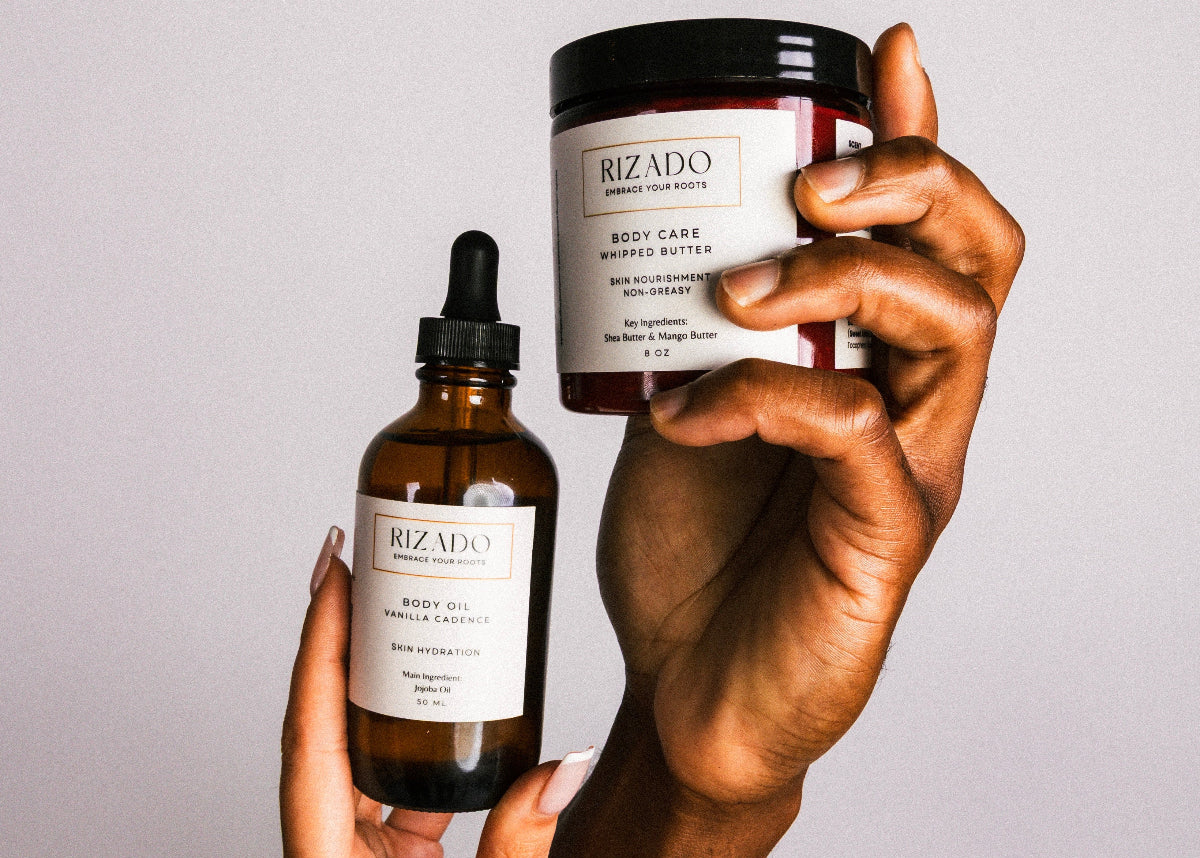 Two Rizado skincare products held by a hand against a neutral background